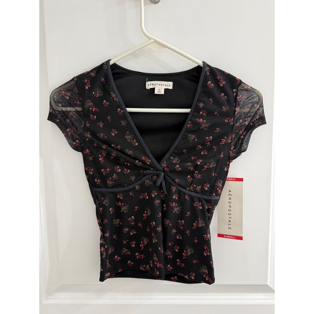 Aeropostale Mesh V-Neck Crop Top Black Floral Ditsy Print NWT XS 157257